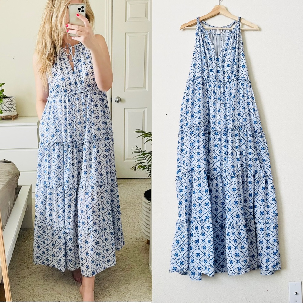 Caroline Constas MEDIUM blue and white mosaic tile print sleeveless maxi dress